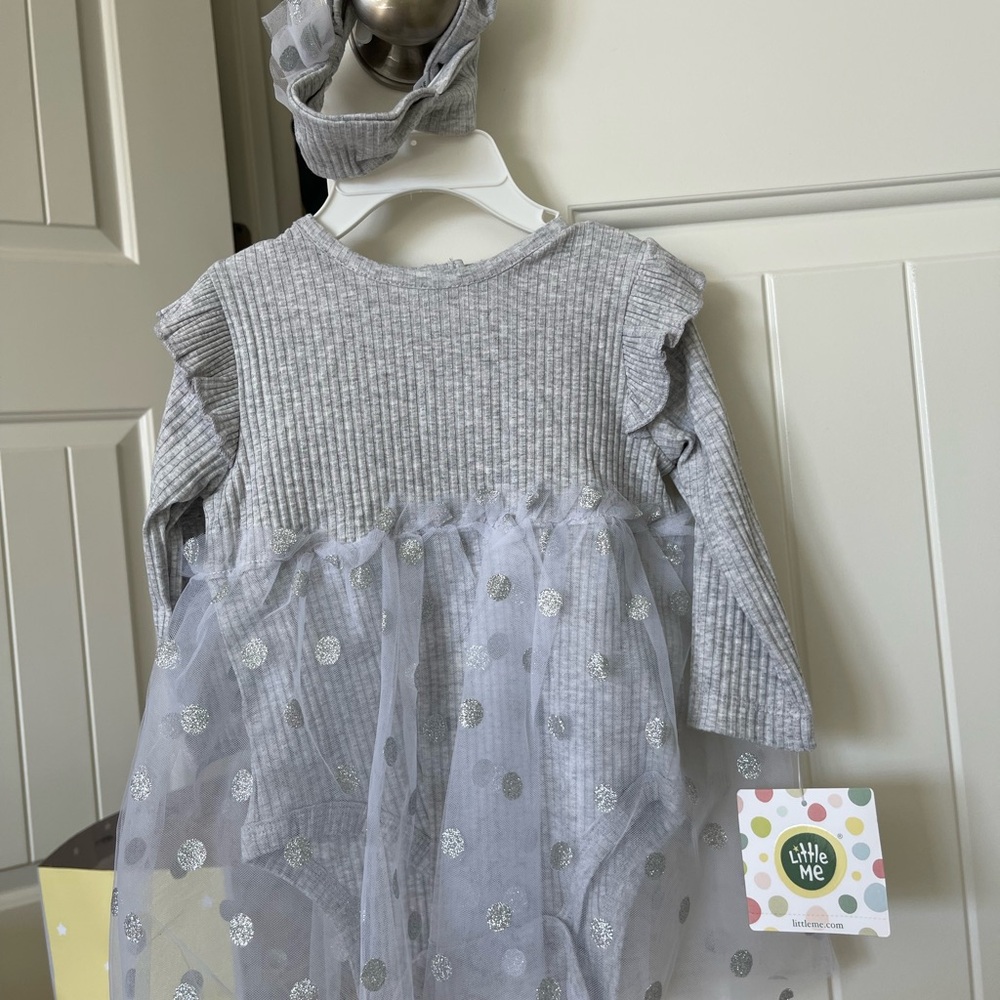 Little Me Gray and Silver Baby Dress with Headband